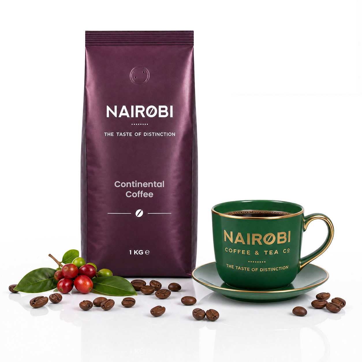 Nairobi Coffee Continental Blend 1kg coffee beans beside a green coffee cup, roasted beans and coffee cherries